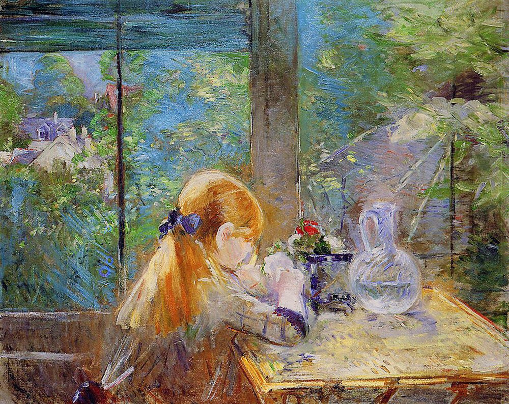 1884年にベランダに座っている赤い髪の少女